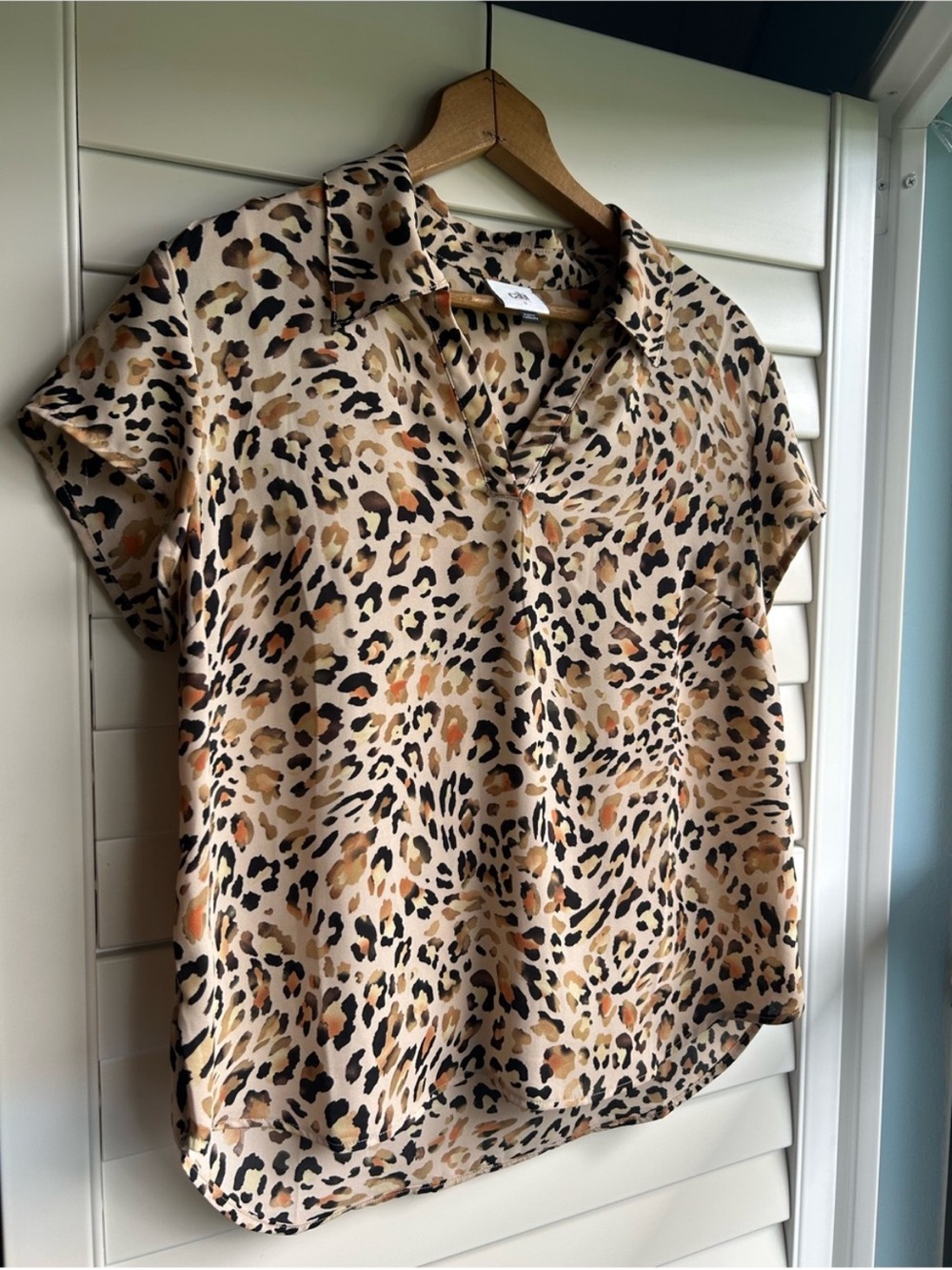CAbi Lynx Animal Print Short Sleeve Buttoned Collared Blouse Style #6090
